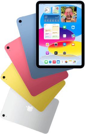 Egy
      iPad elölnézete a főképernyőt mutatja, mögötte négy iPad látható hátulnézetből kék, rózsaszín, sárga és ezüstszínben