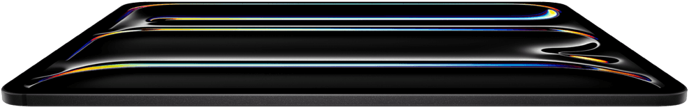 Asztrofekete iPad Pro elölnézetből, hátradöntve, alumíniumból és üvegből készült házzal, vékony profillal, a kijelzőn
      többféle színt használó vonalrajzzal