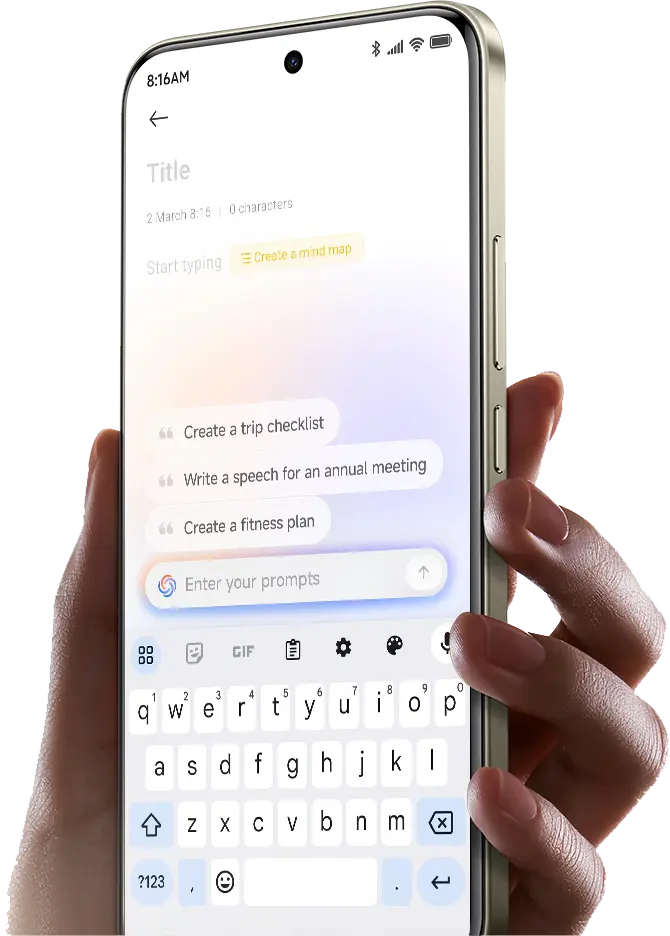 Kézben tartott telefon, kijelzőn az AI jegyzetek ablak látszik