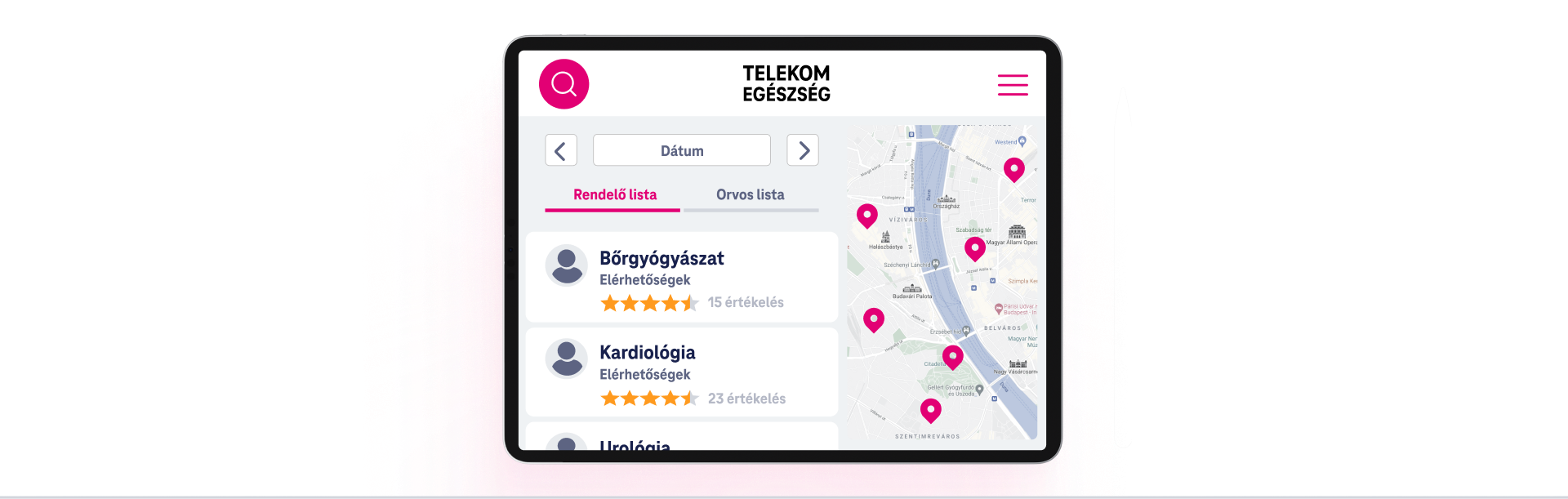 Orvoskereső és időpontfoglaló alkalmazás térképpel és orvoslistával, különböző szakrendelésekkel.