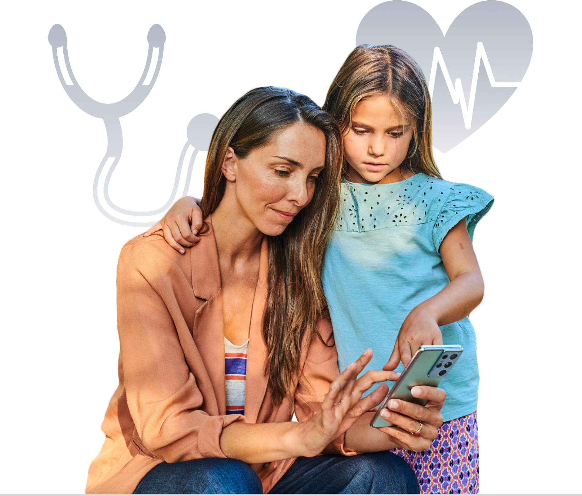 Egy anya és lánya ülnek együtt, az anya egy mobiltelefont használ, míg a lány érdeklődve figyel.